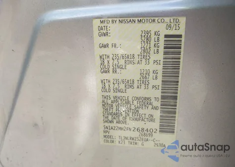 2015 Nissan Murano Sl z USA, uszkodzony, nr VIN 5N1AZ2MH2FN268402